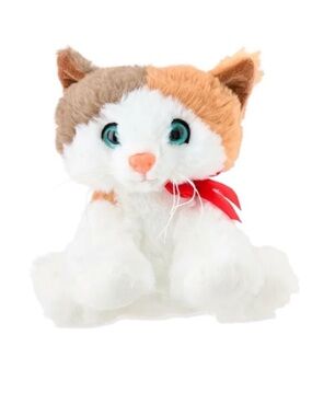 Calico Cat Plush Toy with Red Bow Blue Eyes; White, Gray & Tan